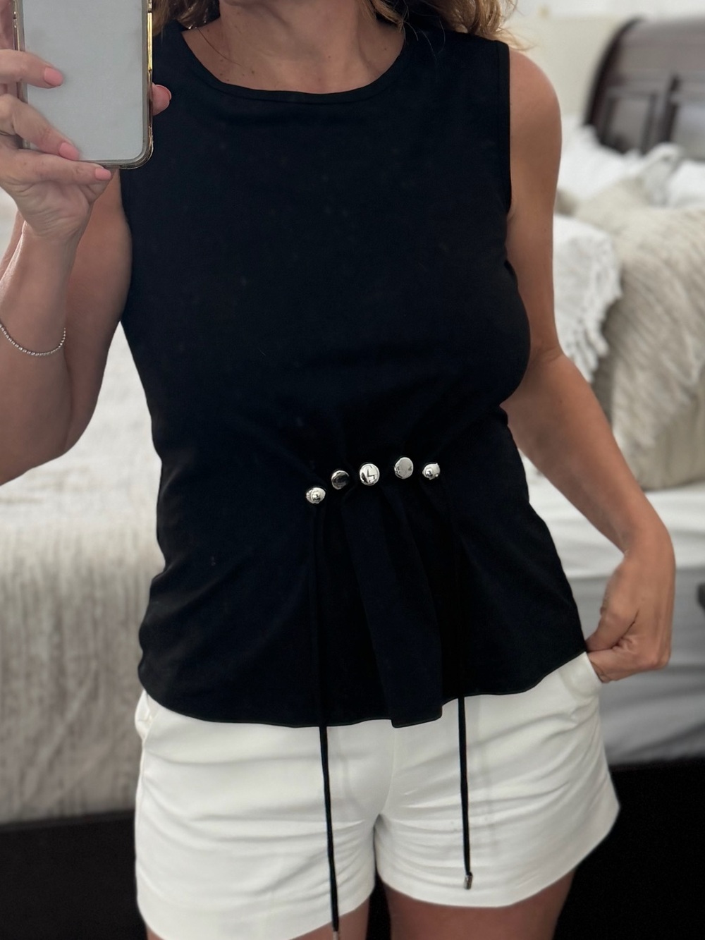 Black Sleeveless Cinch-Front Tank Top with Silver Accents